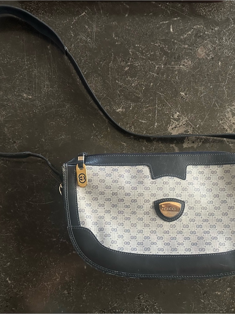 Gucci Navy Blue Monogram Shoulder Bag with Gold Hardware